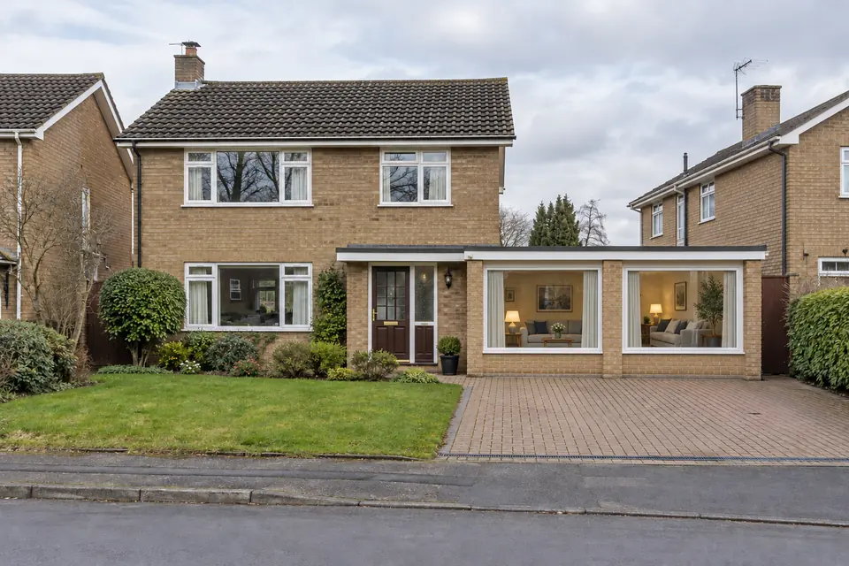 Detached house with a double garage converted into a long living room with two windows