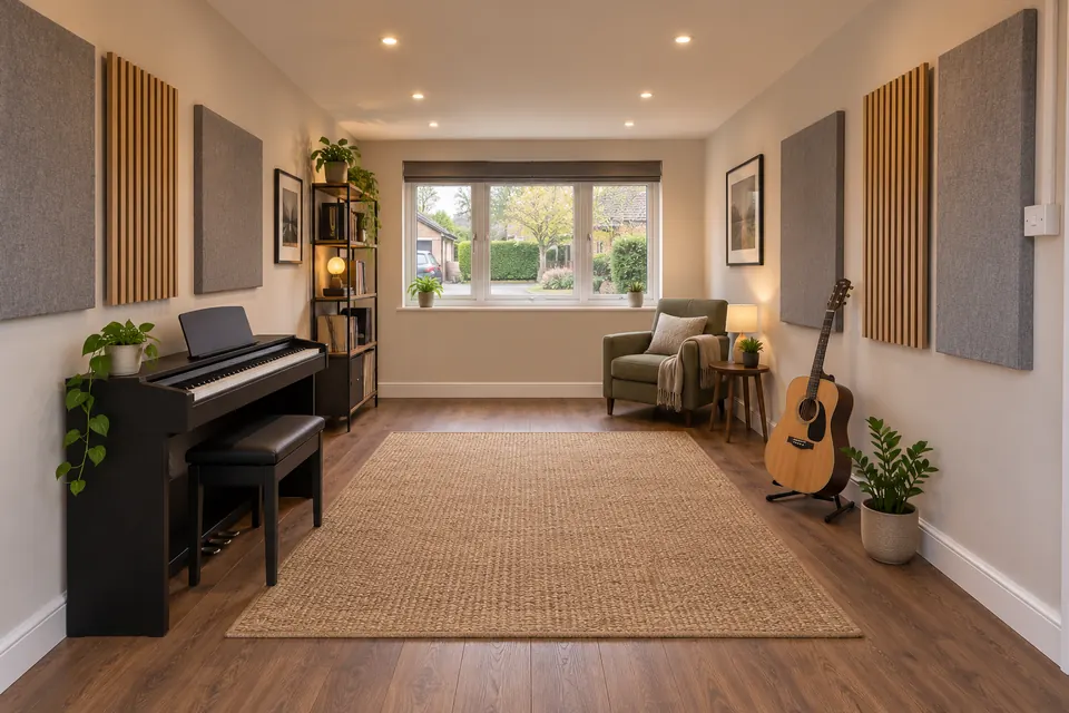 The same single garage converted into a music room with a piano, guitars, wooden floor and a new window
