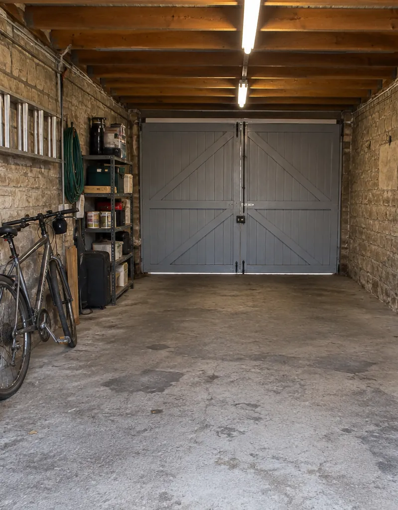 Inside a single garage before conversion: bare block walls, concrete floor and bikes against the wall